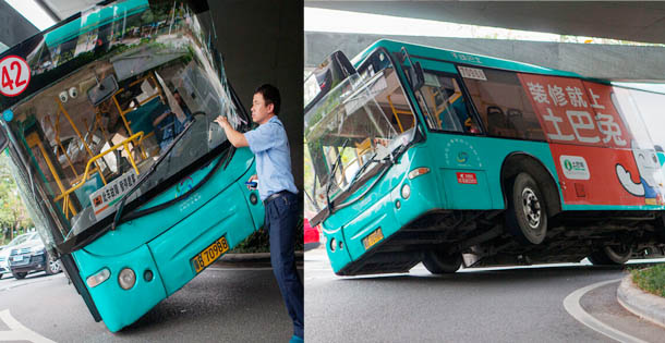深圳公交车走错路被卡龙门架 似玩特技